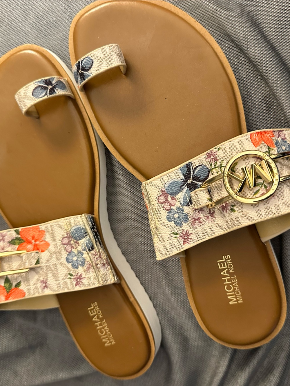 Michael Kors Beige Floral Logo Toe-Ring Sandals with Gold MK Accent